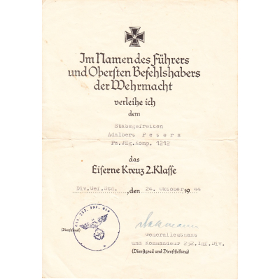 Pz.Jäg.Komp.1212 EKII Award Document (StuG)