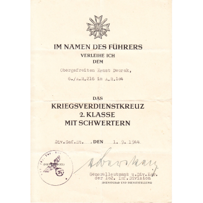 6./Art.Rgt.216 KvKII Award Document