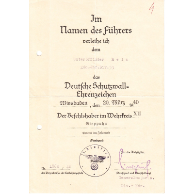 Kdo.Inf.Div.33 Westwall Award Document