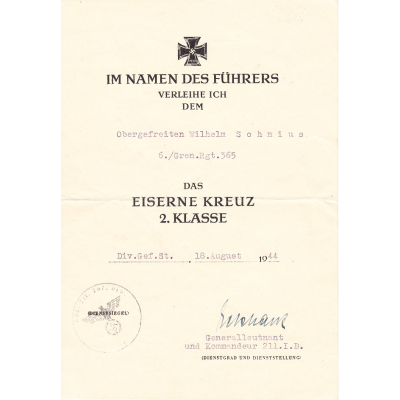 Gren.Rgt.365 EK2 Award Document