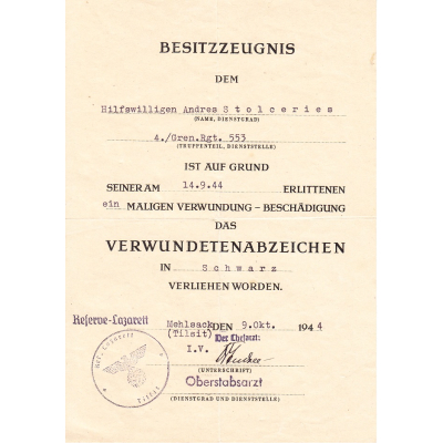 Gren.Rgt.553 VWA Award Document (Hiwi)