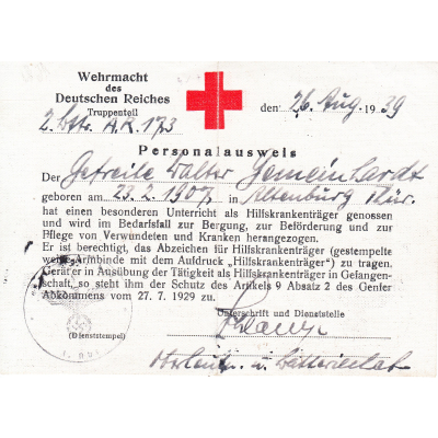 Wehrmacht Hilfskrankenträger Personalausweis (A.R.173)