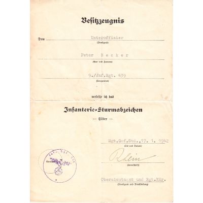 9./Inf.Rgt.439 ISA Award Document