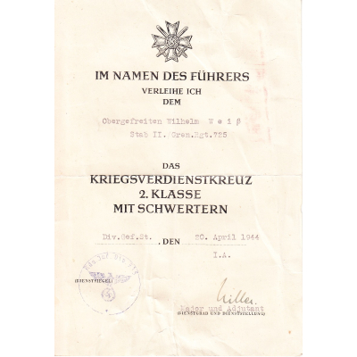 StabII./Gren.Rgt.725 KvKII Award Document