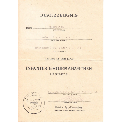 Stkp.(Pi-Zug)/Gren.Rgt.145 ISA Award Document
