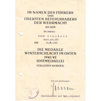 Radf.Abt.299 Ostmedaille Award Document