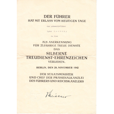Treudienst-Ehrenzeichen in Silber Award Document