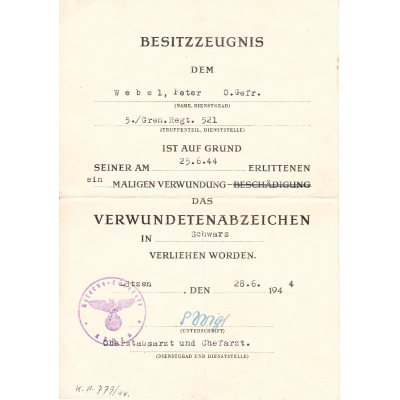 5./Gren.Rgt.521 VWA Award Document (1944)
